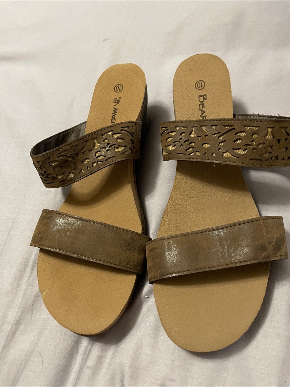 BearPaw Women's Tan Laser-Cut Double Strap Slide Sandals